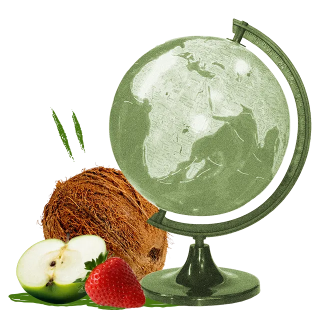 globo terráqueo con coco, fresa y manzana